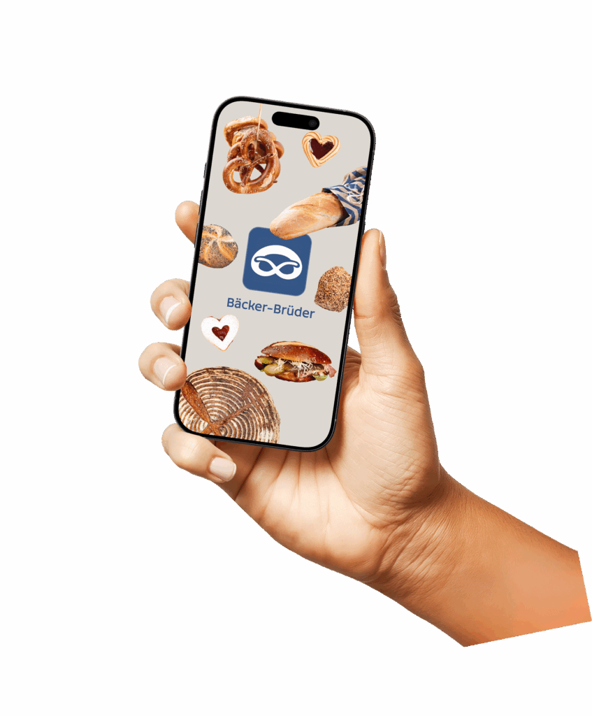 Mockup einer Hand, die ein iPhone 16 Pro mit der „Bäcker Brüder“-App zeigt.